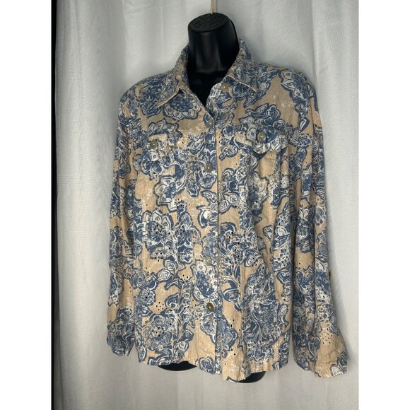 Ruby Rd. Petite 16W Floral Button-Up Shirt Blue & Beige Cotton/Flax - Picture 1 of 15